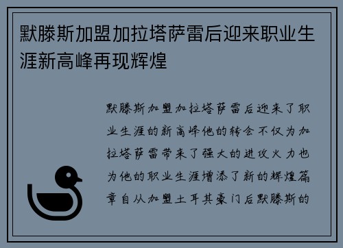 默滕斯加盟加拉塔萨雷后迎来职业生涯新高峰再现辉煌